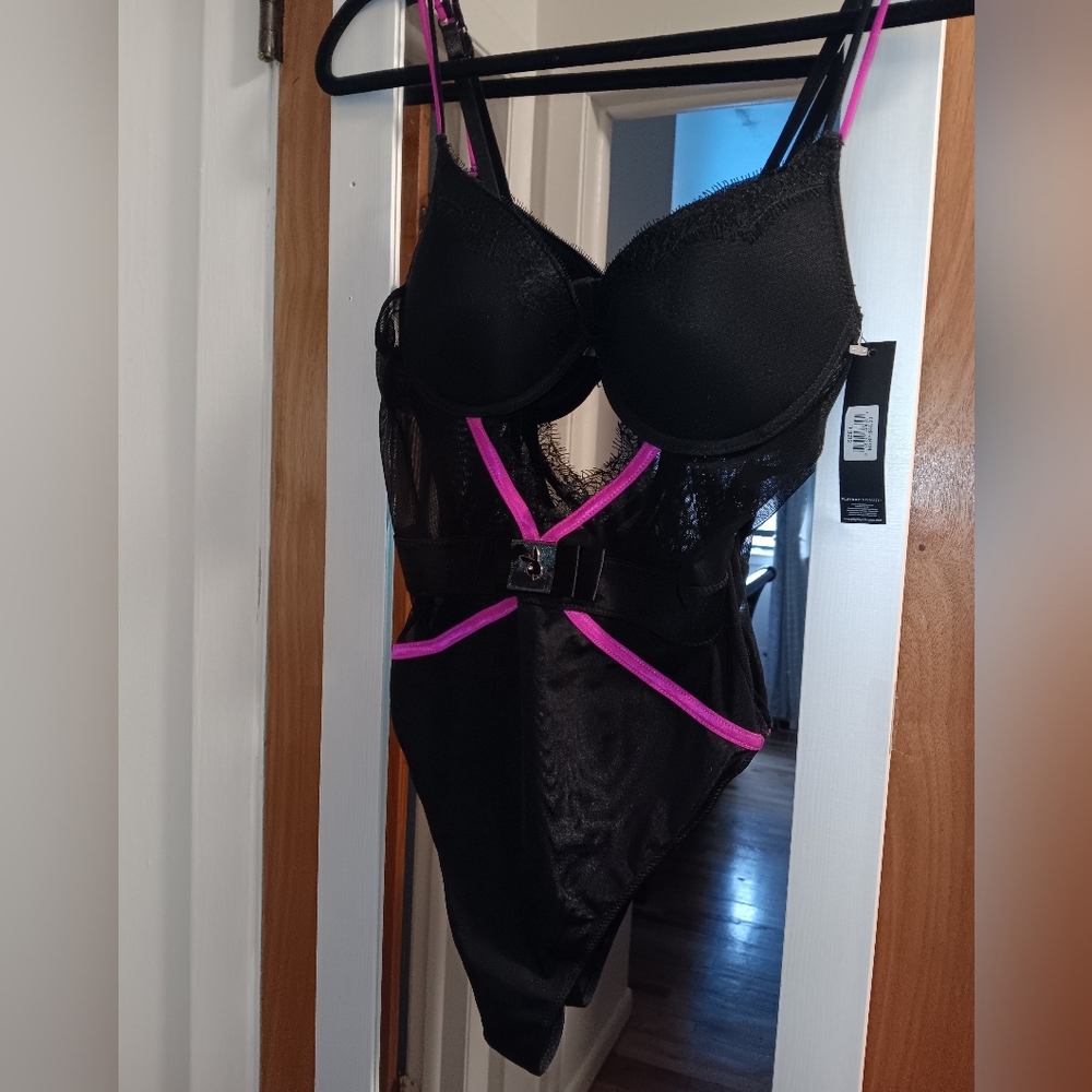 Playboy Black Lace and Fuschia Trimming Sexy Bodysuit